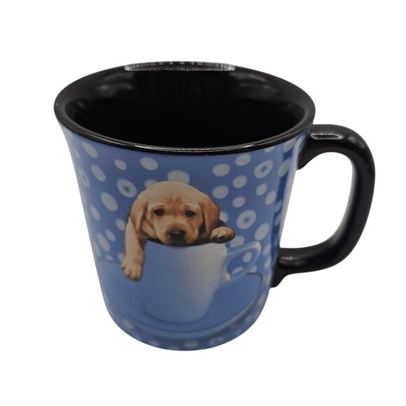 Keith Kimberlin Retro Blue Polka Dot Yellow Labrador Puppy Dog Coffee Tea Mug - Picture 1 of 11